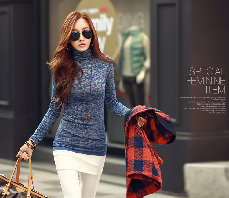 2015 Spring Casual Top Color Block Long Sleeve Turtle Collar Fitted T-Shirt S-2XL