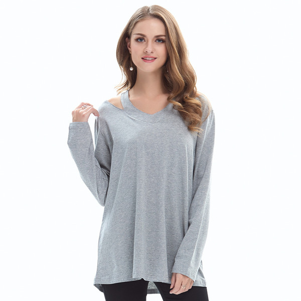 Hollow Out Solid Loose V Neck T Shirt
