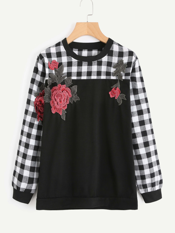 Check Floral Print Pullover Tee Shirt