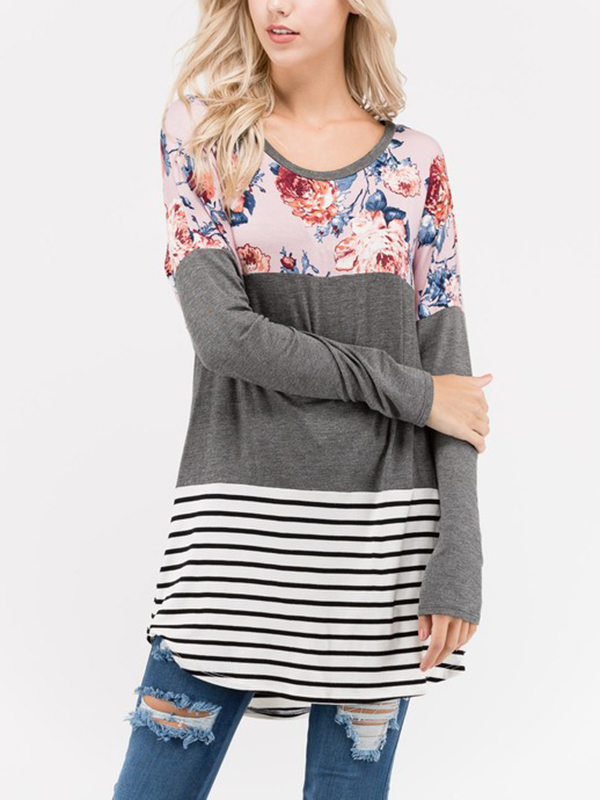 Floral Stripe Casual Long Sleeve Tulip T-shirt
